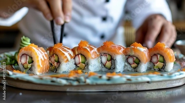 Fototapeta Chef arranging sushi rolls on a decorative plate, Chef, artistic and precise