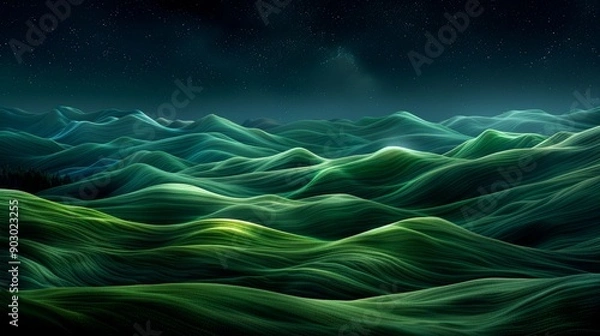 Obraz Green abstract landscape forming rolling hills under starry night
