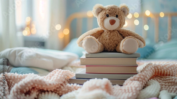 Fototapeta Kids books, Pile of storybooks on a child's bed, Soft and warm colors, Plush toys around