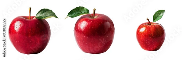 Fototapeta Set of close-up of a red apple with a small leaf attached to its stem isolated on transparent background  (2)