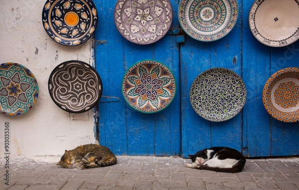 Obraz Two cats sleep in front of Moroccan pottery hung on a wall in Essaouira, Morocco
