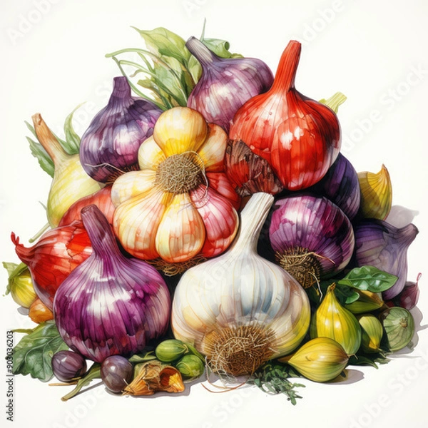 Fototapeta Watercolor Garlic, clipart Illustration, Generative Ai