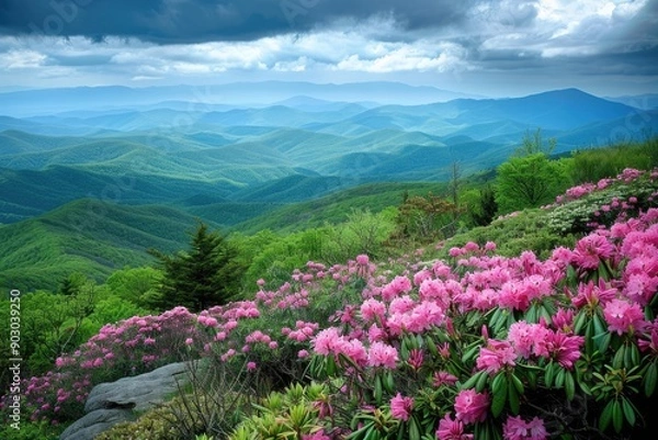 Fototapeta Spring in North Carolina: Rhododendron in the Blue Ridge Mountains along the Appalachian Parkway