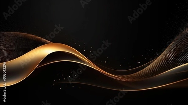 Fototapeta Abstract black and gold wavy background with glowing particles.