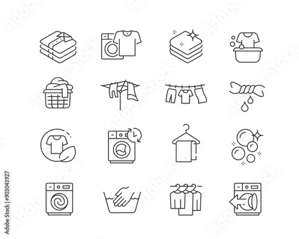 Fototapeta Washing and Laundry Icon collection containing 16 editable stroke icons. Perfect for logos, stats and infographics. Edit the thickness of the line in Adobe Illustrator (or any vector capable app).