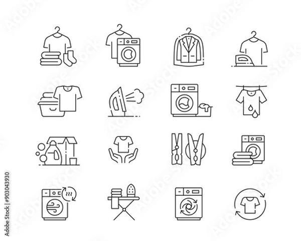 Fototapeta Laundry and Washing Icon collection containing 16 editable stroke icons. Perfect for logos, stats and infographics. Edit the thickness of the line in Adobe Illustrator (or any vector capable app).