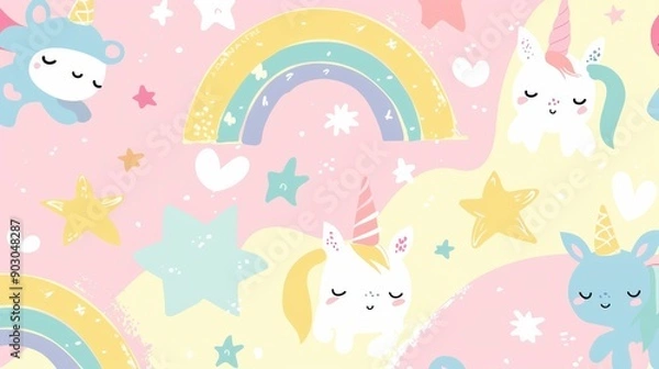 Fototapeta A pastel background with cute doodles of rainbows, stars, and friendly animals, providing a lighthearted and whimsical look