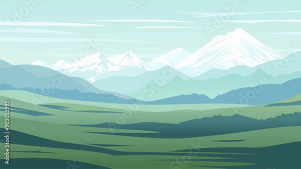 Fototapeta Serene mountain landscape vector illustration. Snow-capped mountains, hills and beautiful green open fields. Calm scenery and refreshing atmosphere. Clear sky with clouds.

