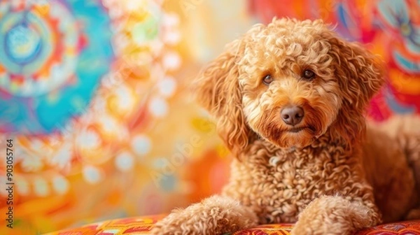 Obraz Labradoodle dog in shades relaxes on colorful background