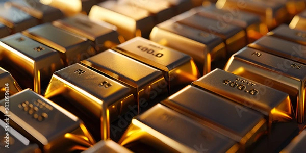 Fototapeta High angle aesthetic wallpaper with gold bars, Macro View Of Rows Of Gold Bar, GENERATIVE AI

