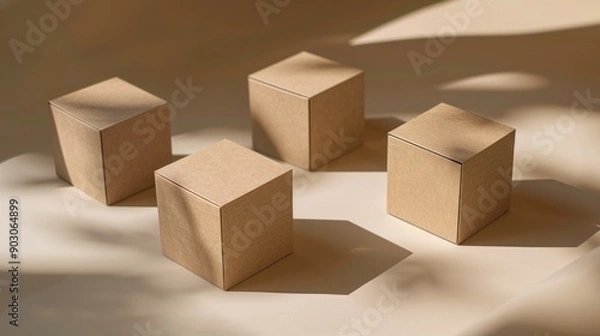 Fototapeta Four cube-shaped cardboard boxes casting shadows in soft natural light.