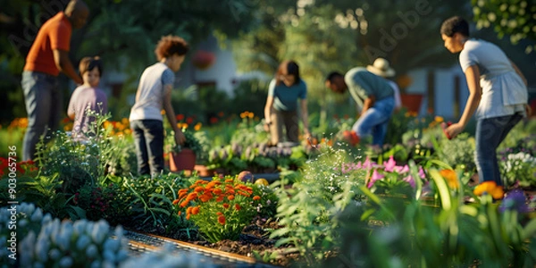 Obraz person picking flowers, A group of people working in the flower garden and sun shine brightly, generative AI