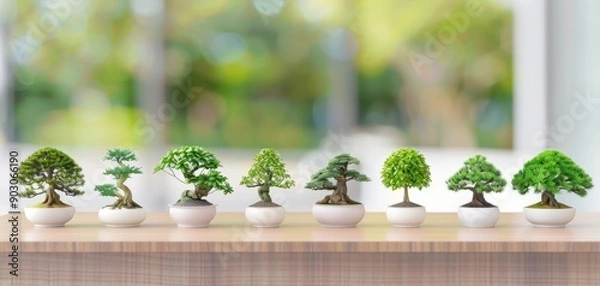 Fototapeta A row of miniature bonsai trees in white pots, set on a wooden shelf against a blurred green background.