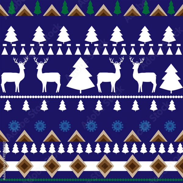 Fototapeta White deer and Christmas tree on blue seamless pattern.