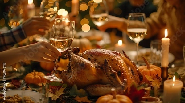 Fototapeta A joyful family Thanksgiving dinner, everyone toasting with wine glasses, a table adorned with autumn leaves, pumpkins, and candles, a golden roast turkey in the center, children running around,