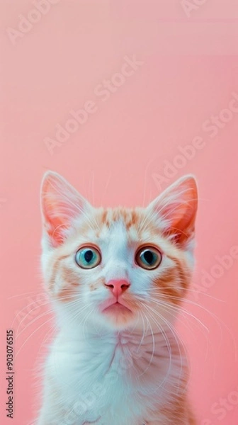 Fototapeta Adorable ginger and white kitten with wide eyes against a pastel pink background, capturing a curious and innocent expression.