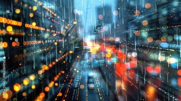 Fototapeta Cityscape with Rain and Glittering Lights