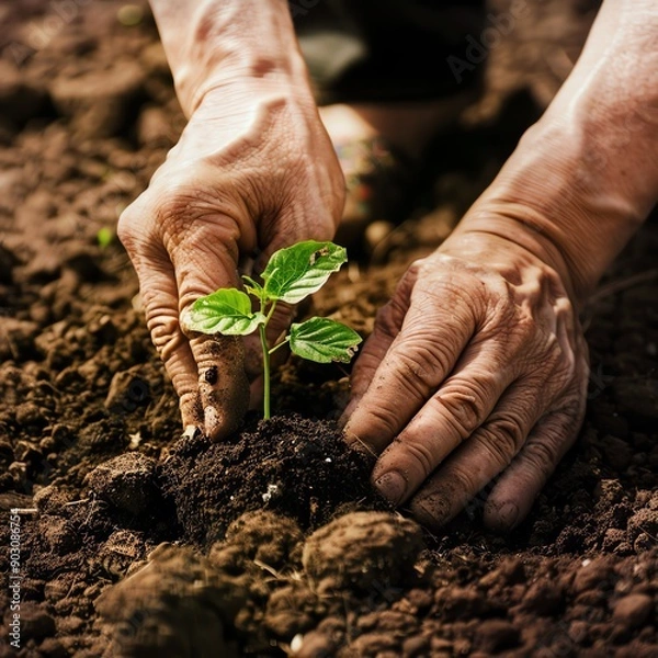 Fototapeta Close-up of hands planting a sapling in rich soil.