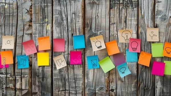 Fototapeta Colorful sticky notes with lightbulb drawings on a rustic wooden wall.  A visual representation of brainstorming and creativity.