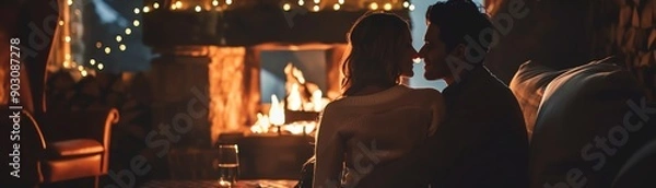 Fototapeta Silhouettes of a couple in a dimly lit room, with a fireplace in the background.