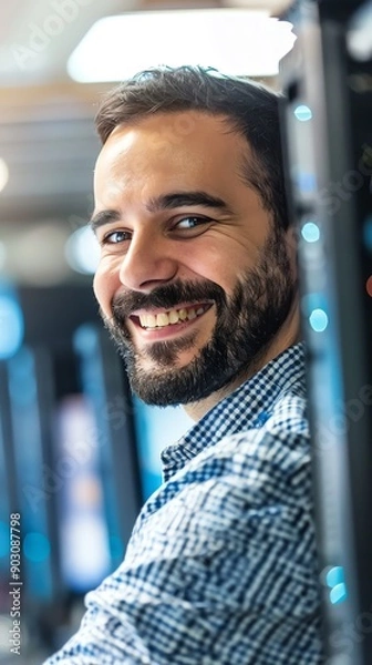 Fototapeta Smiling man with beard working in server room.  He looks confident and successful.