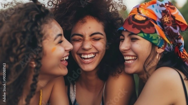 Fototapeta Three diverse women laugh together, showcasing friendship and joy. Their smiles are bright and genuine, capturing a moment of shared happiness.