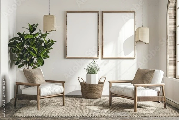 Fototapeta 3D Rendering of Modern Living Room with Mockup Poster Frame and Minimalist Design