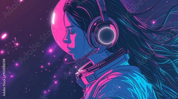 Obraz A beautiful woman with long hair in an astronaut suit, listening to music through headphones, in the style of vector art, with bright colors, pink and blue tones.