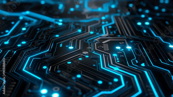 Obraz A close up of an intricate circuit board with glowing blue lines, representing advanced technology and data flow in the style of digital art