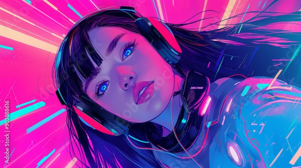 Obraz A beautiful girl in the style of an anime drawing, with headphones on her head and wearing futuristic