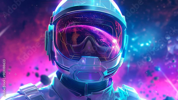 Obraz A colorful illustration of an anime-style character in the style of Cyberpunk, featuring neon and futuristic elements with vibrant colors, set against a background of space exploration.