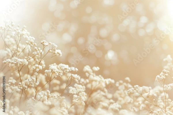 Fototapeta Beautiful white dried baby's breath flowers on a beige background, close-up, macro, romantic style, delicate texture, soft light, elegant composition