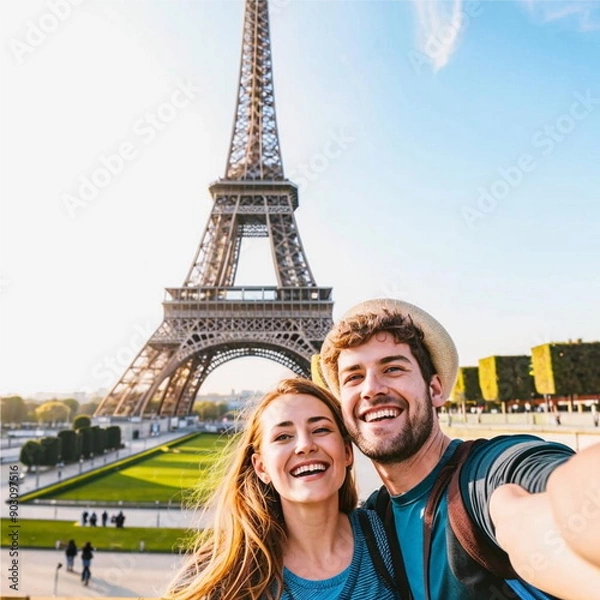 Fototapeta Happy couple of tourists taking selfie picture in front of Eiffel Tower in Paris, France