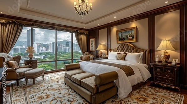 Fototapeta A luxurious boutique hotel suite, featuring a spacious bedroom with elegant decor, a comfortable seating area, personalized amenities such as a fruit basket and handwritten welcome note, and large win