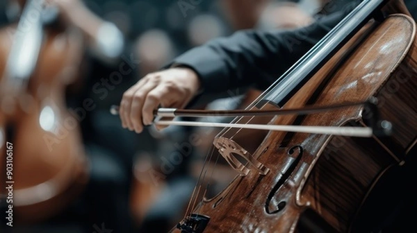 Fototapeta A cellist's hand is seen playing the cello with intense concentration in this image, capturing the elegance and passion of a live performance in a formal concert setting.