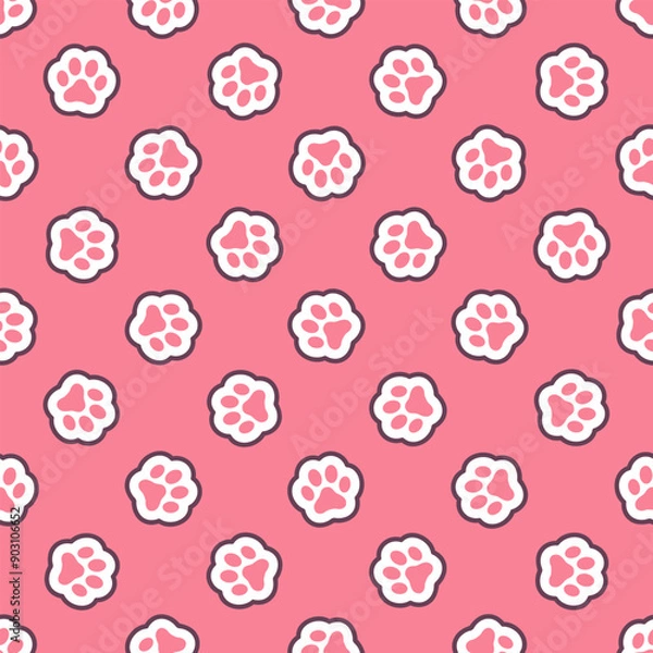 Obraz Pink and white cat's paws prints on red background. Vector seamless pattern.