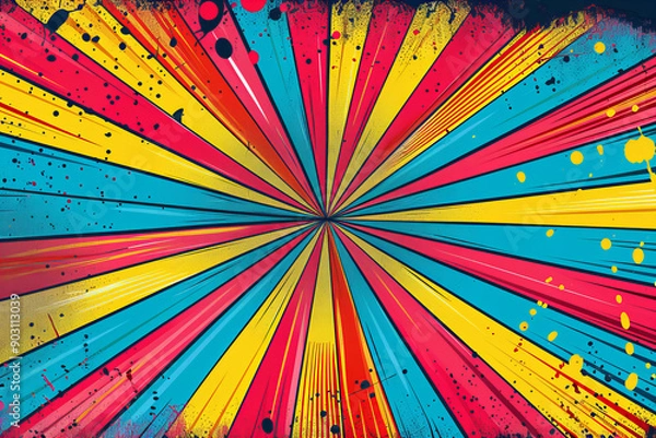 Fototapeta A vibrant pop art-inspired burst of radial lines in bright yellow, pink, blue, and black, converging towards the center, creating a dynamic and energetic visual effect with a modern comic book style