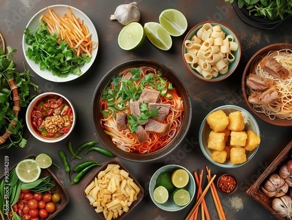 Fototapeta Bun Bo Hue. The most popular Vietnamese dishes. A spicy beef noodle soup from Hue, made with lemongrass, shrimp paste, and various cuts of beef and pork.
