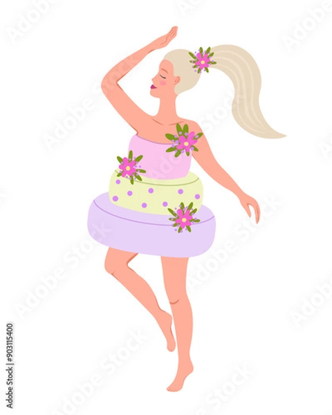 Obraz Woman in birthday cake. Happy Birthday. Vector Illustration for backgrounds, covers and packaging. Image can be used for greeting cards, posters, stickers and textile. Isolated on white background.