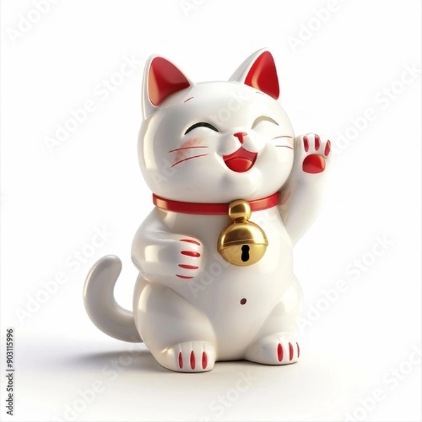 Fototapeta Medium shot of maneki-neko, isolated on a white background, bright and vivid tonality 