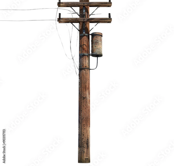Fototapeta A rustic wooden utility pole standing tall, featuring electric wires and a transformer, symbolizing urban infrastructure.