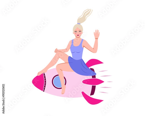 Obraz Woman flying on rocket, entrepreneur, business, startup concept. Motivation, development and success launch. Explore new way to growth. Vector Illustration for printing, backgrounds and packaging.