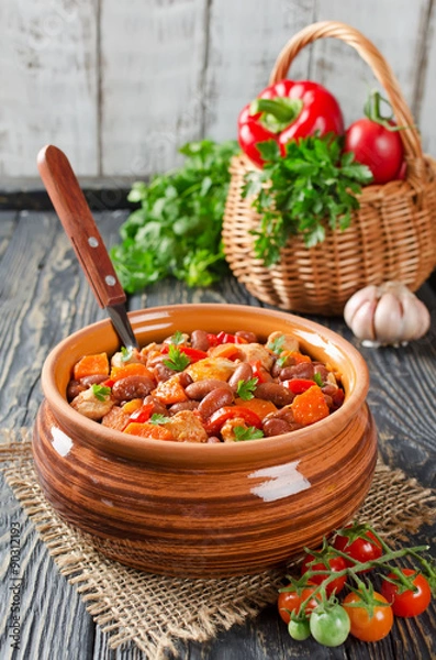 Fototapeta Vegetable stew with chicken and beans