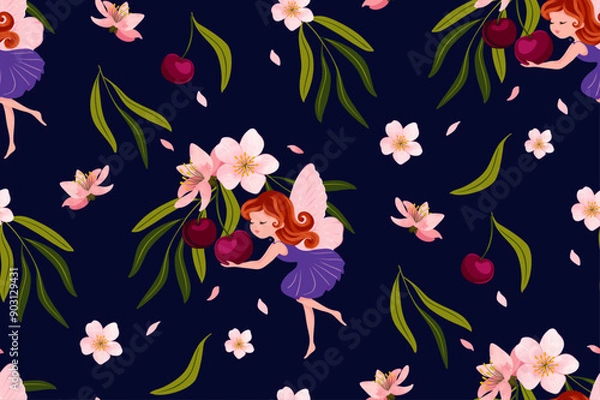 Obraz Cherry blossom branch and little fairy, seamless pattern design, vector illustration, watercolor details. 