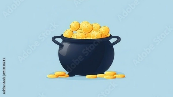 Obraz A vibrant illustration of a black pot overflowing with golden coins, symbolizing wealth and prosperity.