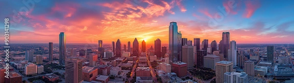 Fototapeta A panoramic view of a bustling city skyline at sunset, with a focus on the architectural details of skyscrapers, reflecting the golden hues of the setting sun.
