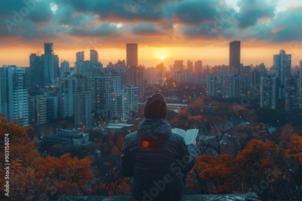 Fototapeta A person reading a book while sitting on a high vantage point, overlooking a stunning cityscape during sunset, capturing a moment of peace, reflection, and urban beauty.