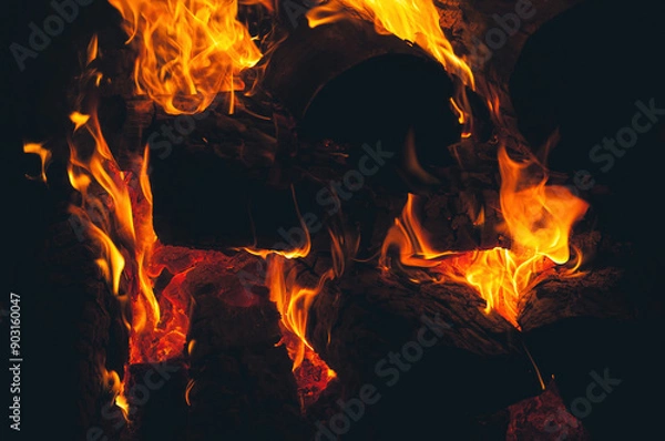 Obraz Captivating flames dance in the dark, emitting a warm glow and showcasing the raw power and intense heat of burning wood in a campfire.