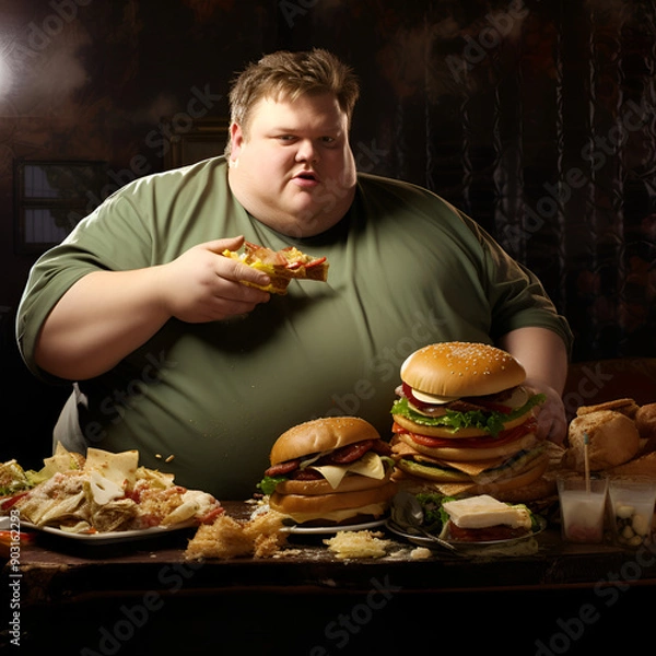 Obraz fat men eating fast food