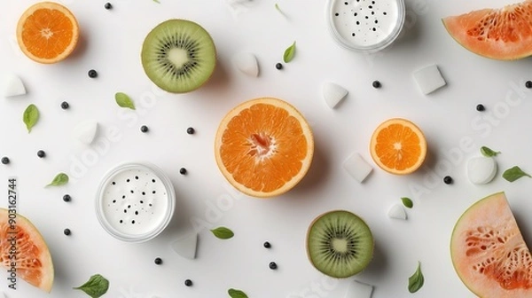 Fototapeta   Sliced oranges, kiwis, and marshmallows on a white surface with mint sprinkles